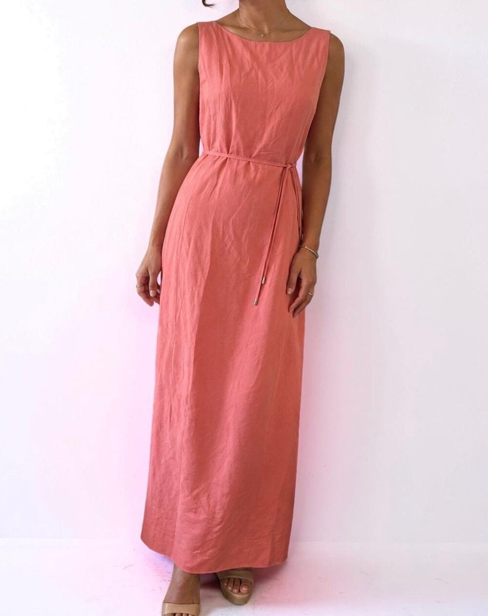 Vintage Petite Sophisticate Linen Blend Coral Maxi Dress Size 0